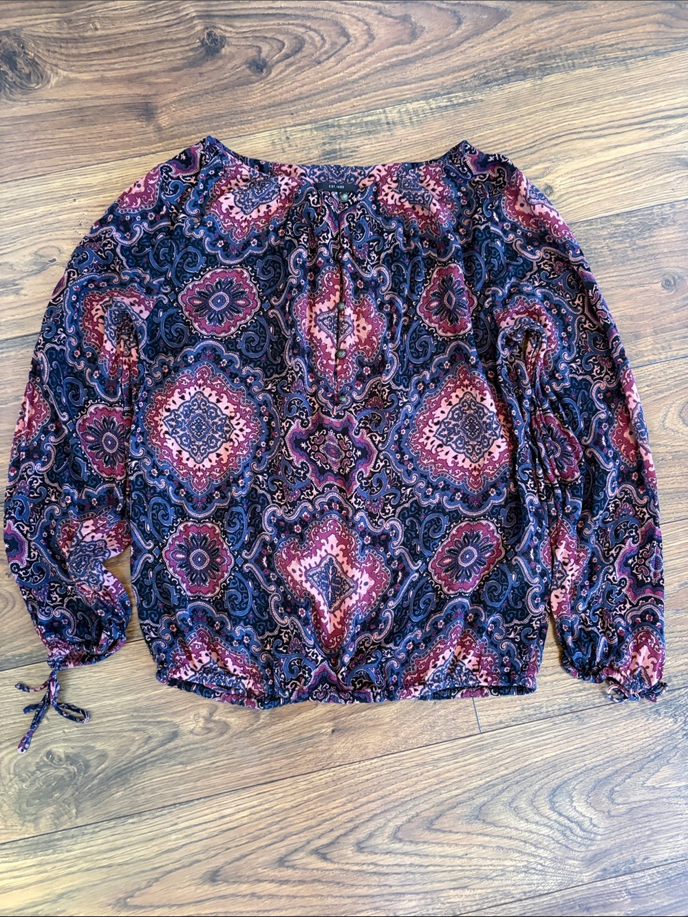 Lucky Brand Paisley Medallion Long-Sleeve Blouse in Black, Blue, Maroon and Pink